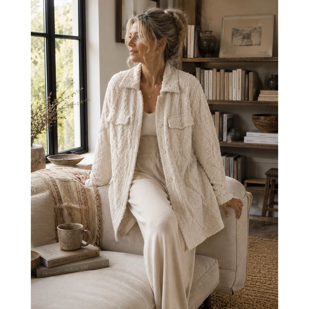 Anthropologie Boucle Knit Cardigan Jacket Cream Chevron Textured M